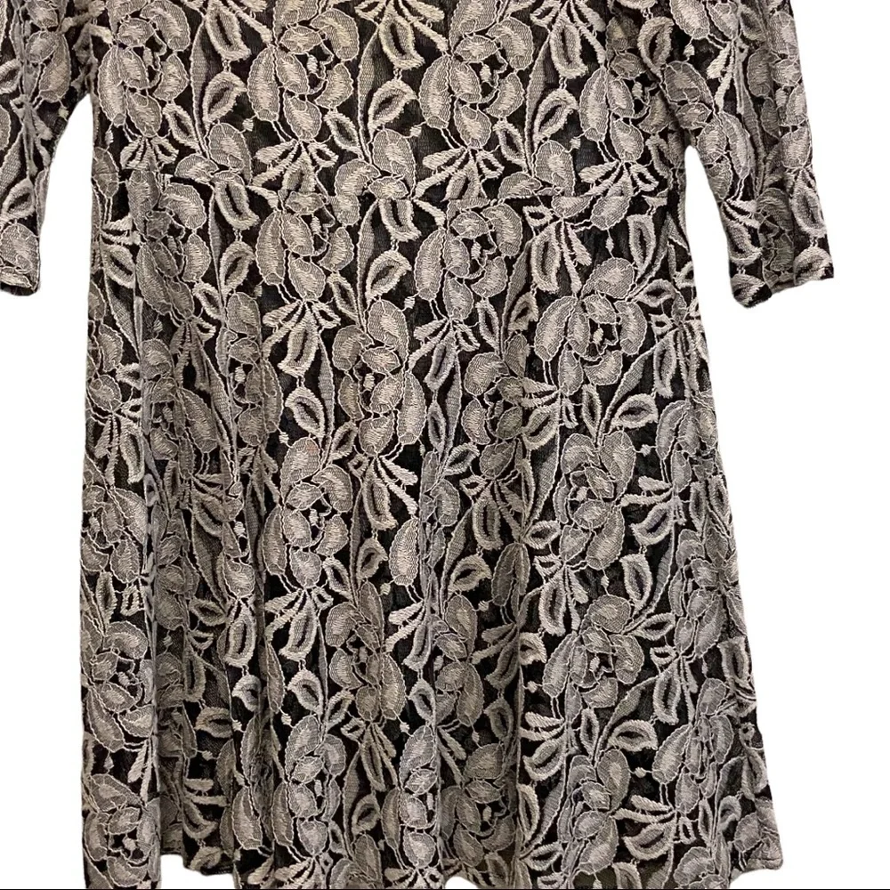 Free People Black Gray Floral Lace Sheer Three-quarter Sleeve Feminine Dress